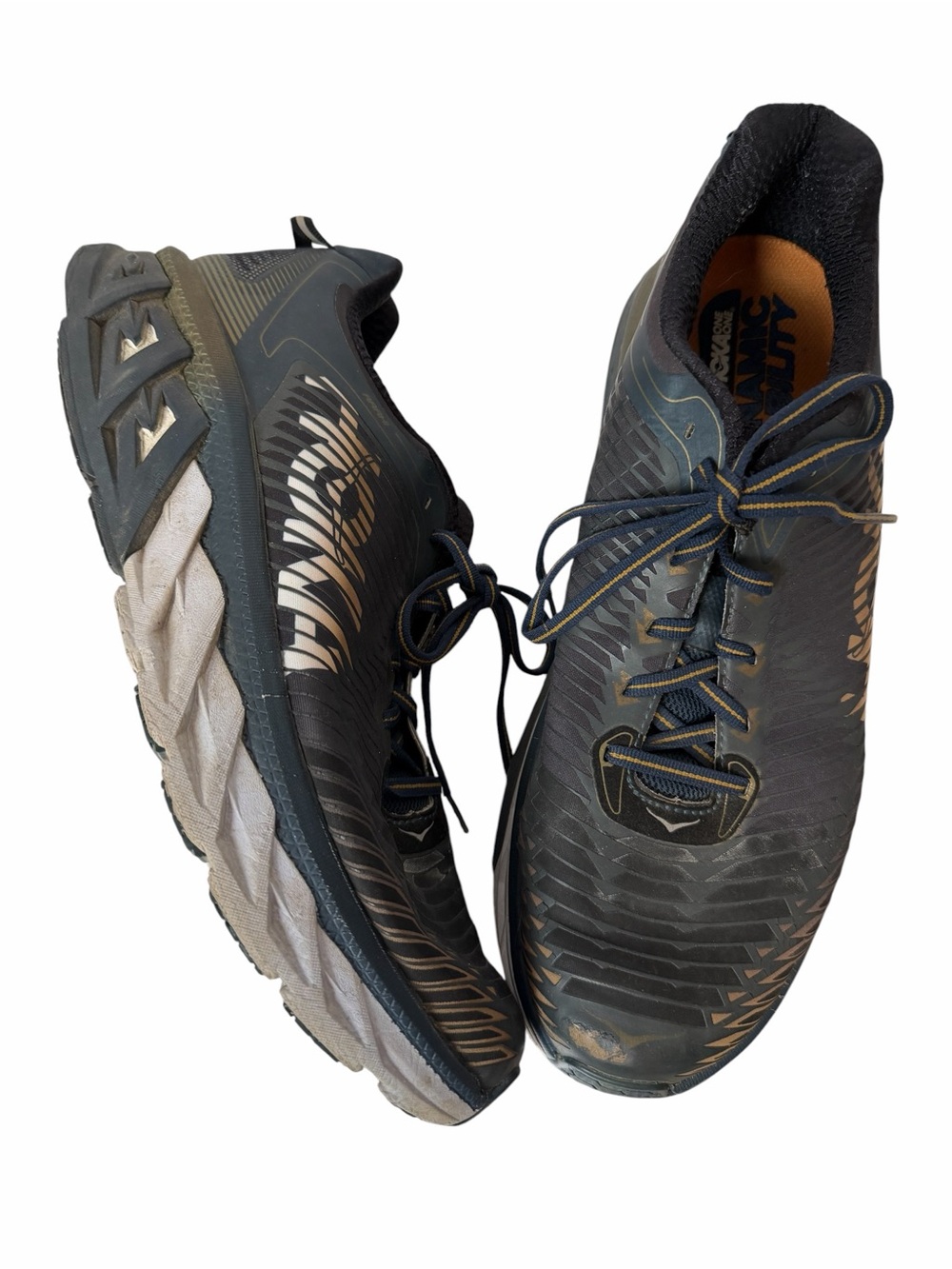 Hoka One One Men US 11.5 ARAHI Black Blue‎ Gold Ultra Marathon Running Shoes